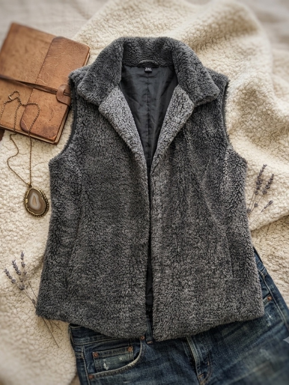 Plush Gray Teddy Fleece Vest - Women's Cozy Layering Coat size 2XL Minimal